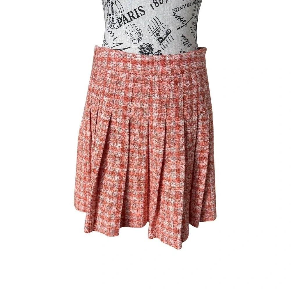 Zara Womens Small Orange White Tweed Plaid Pleated Mini Skirt Preppy Chic A-Line